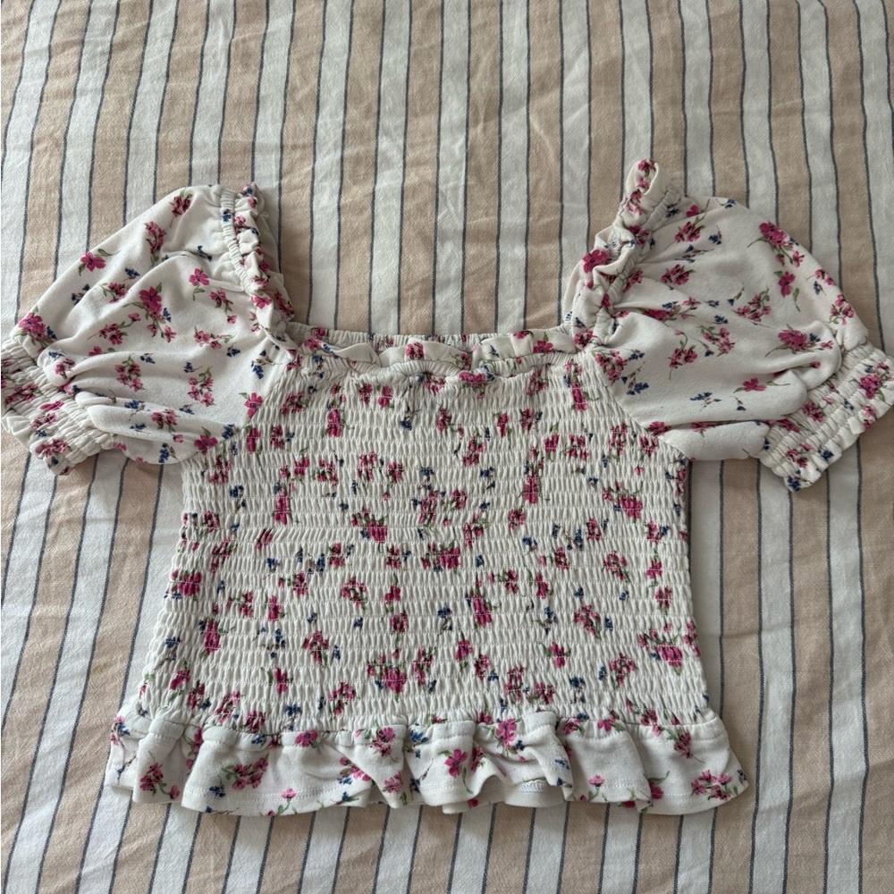 Aqua Cream and Pink Ruffled Crop Blouse